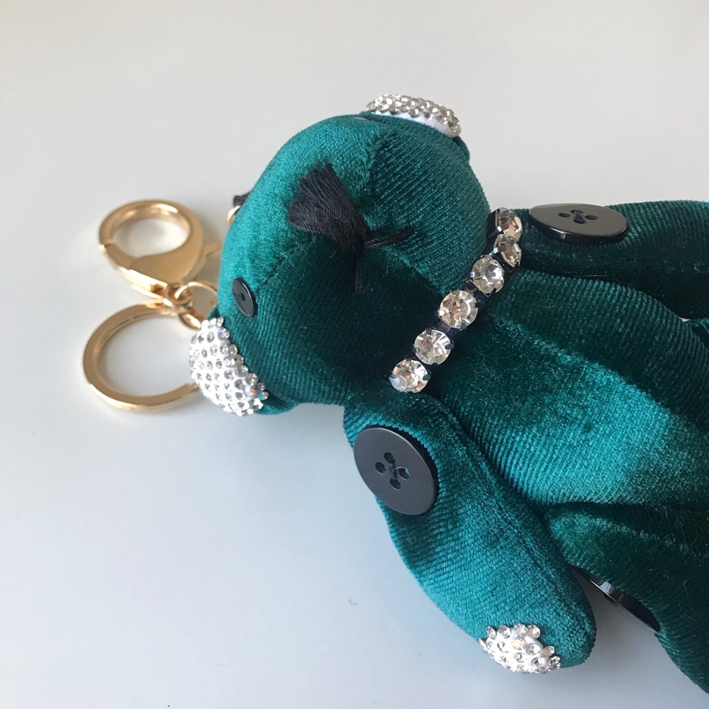 Green Velvet Rhinestone Moveable Bear Bag Charm Key Chain - Picture 10 of 16